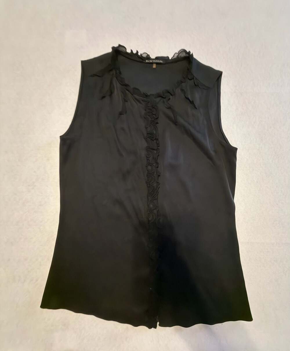 Elie Tahari Black Silk Ruffle Sleeveless Blouse Shell
